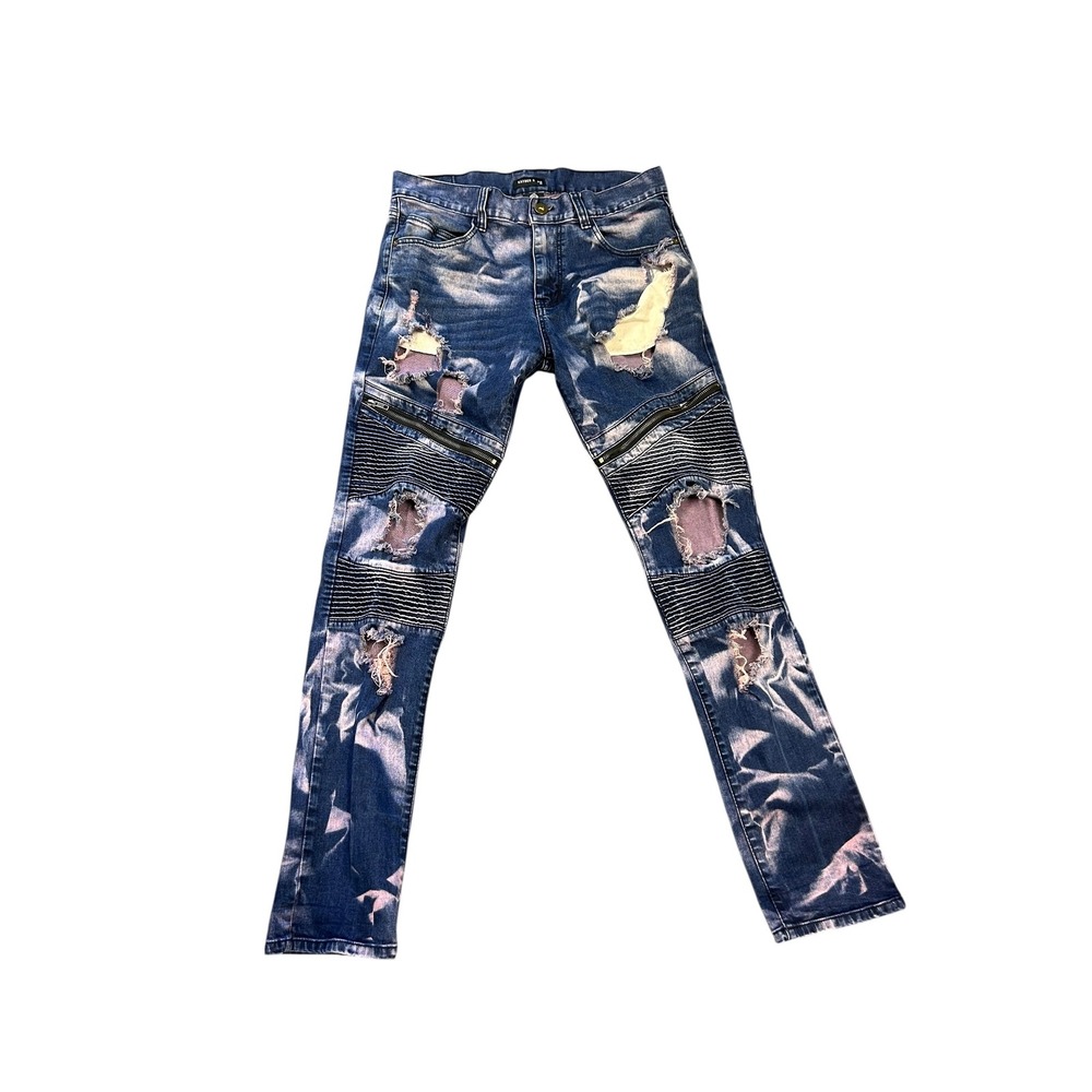 Kayden K Slim Distressed Ripped Bleach Wash Moto Jeans - Men's